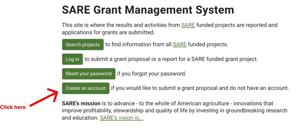 Image with a red arrow pointing to the 'Create an account' button