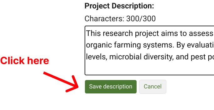 Red arrow points to Save description button